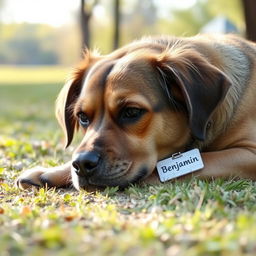 A tired and worn-out dog lying down, with a slightly sad expression, having unkempt fur and a scruffy appearance