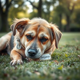 A tired and worn-out dog lying down, with a slightly sad expression, having unkempt fur and a scruffy appearance