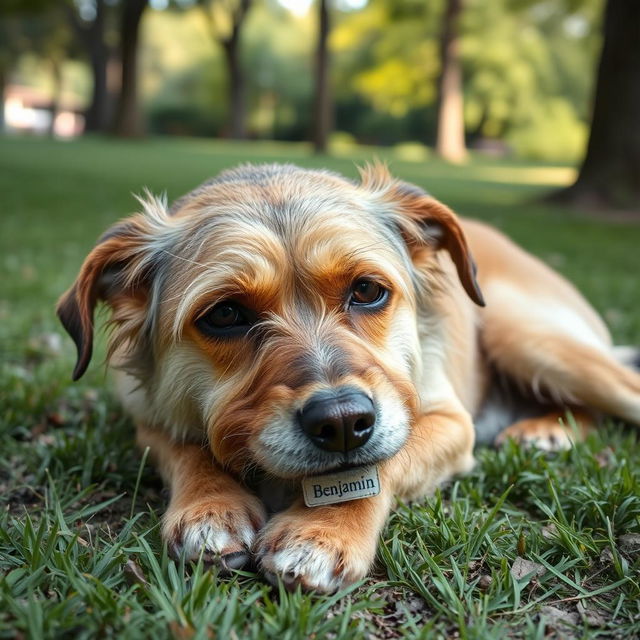 A tired and worn-out dog lying down, with a slightly sad expression, having unkempt fur and a scruffy appearance