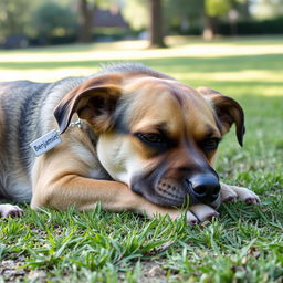 A tired and worn-out dog lying down, with a slightly sad expression, having unkempt fur and a scruffy appearance