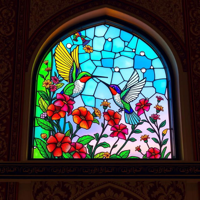 A colorful stained glass window depicting whimsical hummingbirds and various vibrant flowers, beautifully integrated into the design