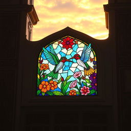 A colorful stained glass window depicting whimsical hummingbirds and various vibrant flowers, beautifully integrated into the design