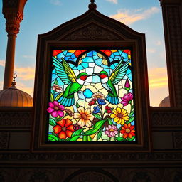 A colorful stained glass window depicting whimsical hummingbirds and various vibrant flowers, beautifully integrated into the design