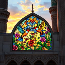 A colorful stained glass window depicting whimsical hummingbirds and various vibrant flowers, beautifully integrated into the design