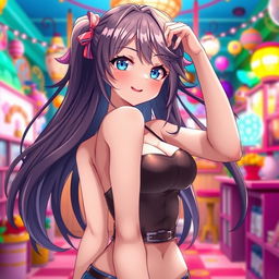 An alluring anime character with a stunning appearance, wearing a stylish and form-fitting tank top that accentuates her curves