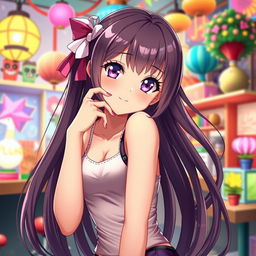 An alluring anime character with a stunning appearance, wearing a stylish and form-fitting tank top that accentuates her curves