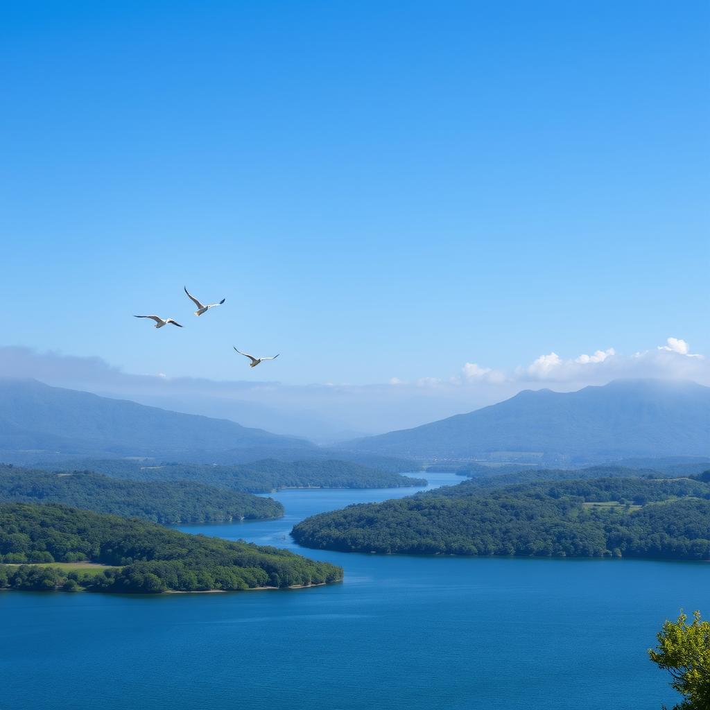 A scenic landscape photograph featuring a vast, expansive view of a serene lake surrounded by lush greenery, with clear blue skies overhead