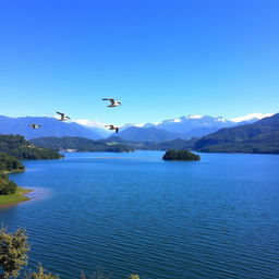 A scenic landscape photograph featuring a vast, expansive view of a serene lake surrounded by lush greenery, with clear blue skies overhead