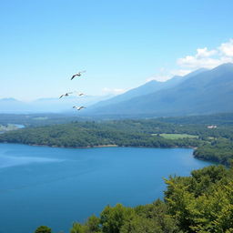 A scenic landscape photograph featuring a vast, expansive view of a serene lake surrounded by lush greenery, with clear blue skies overhead