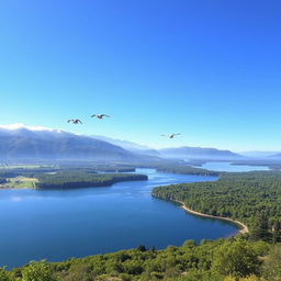 A scenic landscape photograph featuring a vast, expansive view of a serene lake surrounded by lush greenery, with clear blue skies overhead