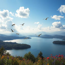 A breathtaking landscape photograph that showcases a wide, expansive view of a tranquil lake surrounded by verdant trees and vibrant wildflowers