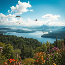 A breathtaking landscape photograph that showcases a wide, expansive view of a tranquil lake surrounded by verdant trees and vibrant wildflowers
