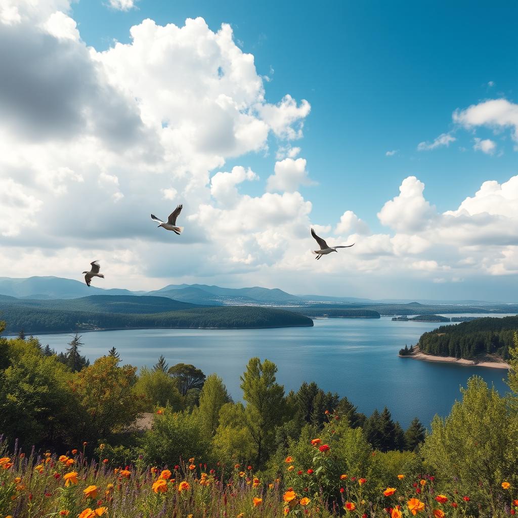 A breathtaking landscape photograph that showcases a wide, expansive view of a tranquil lake surrounded by verdant trees and vibrant wildflowers