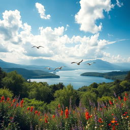 A breathtaking landscape photograph that showcases a wide, expansive view of a tranquil lake surrounded by verdant trees and vibrant wildflowers