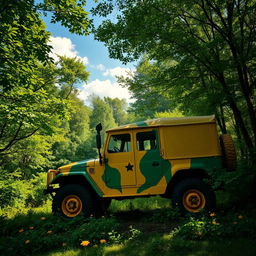 A vibrant and dynamic scene of a military vehicle in a lush environment