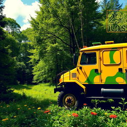 A vibrant and dynamic scene of a military vehicle in a lush environment