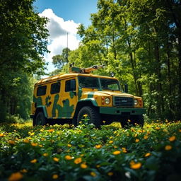 A vibrant and dynamic scene of a military vehicle in a lush environment