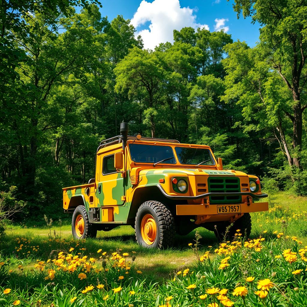 A vibrant and dynamic scene of a military vehicle in a lush environment