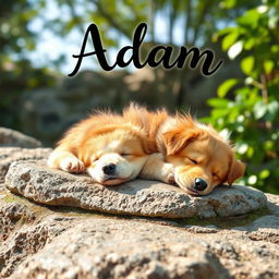 A serene scene depicting a sleeping dog resting on a stone, its fur fluffy and relaxed