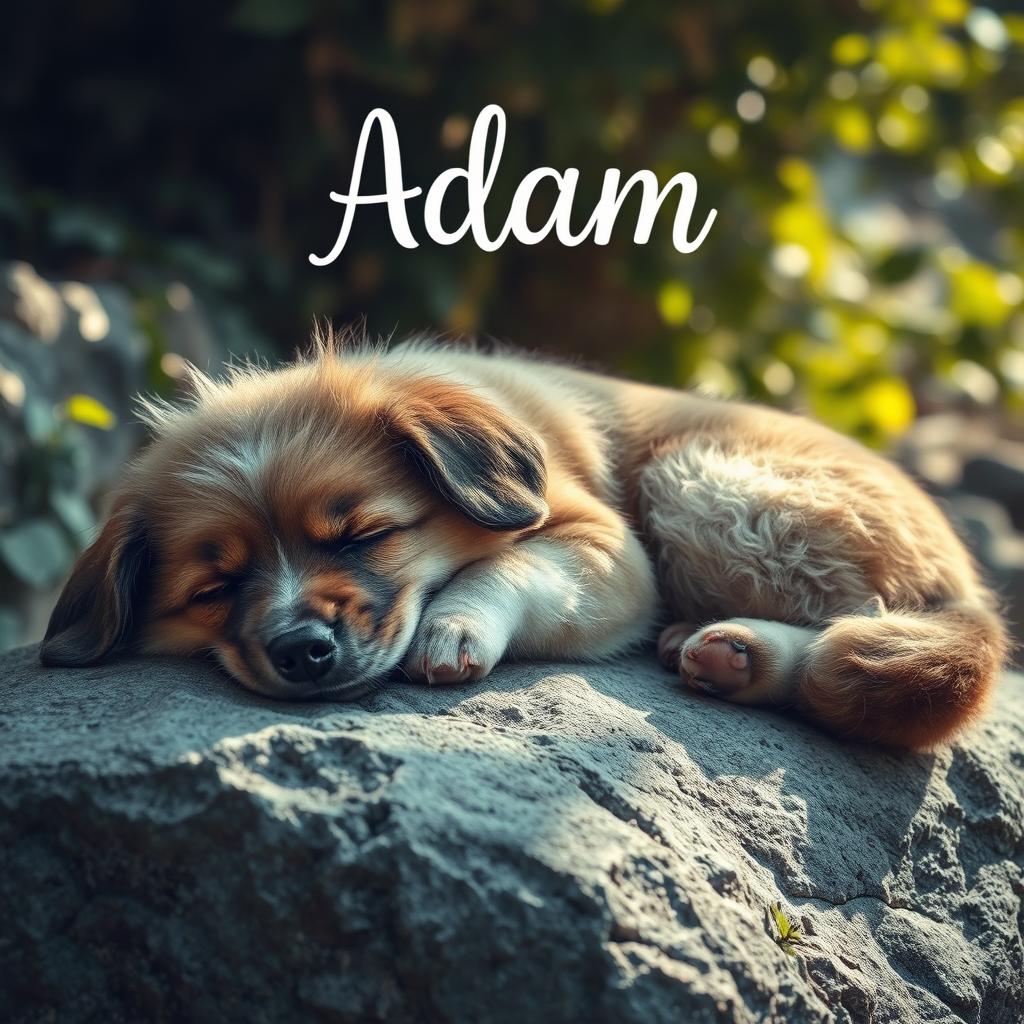 A serene scene depicting a sleeping dog resting on a stone, its fur fluffy and relaxed