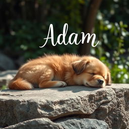 A serene scene depicting a sleeping dog resting on a stone, its fur fluffy and relaxed