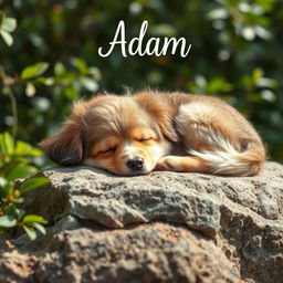 A serene scene depicting a sleeping dog resting on a stone, its fur fluffy and relaxed