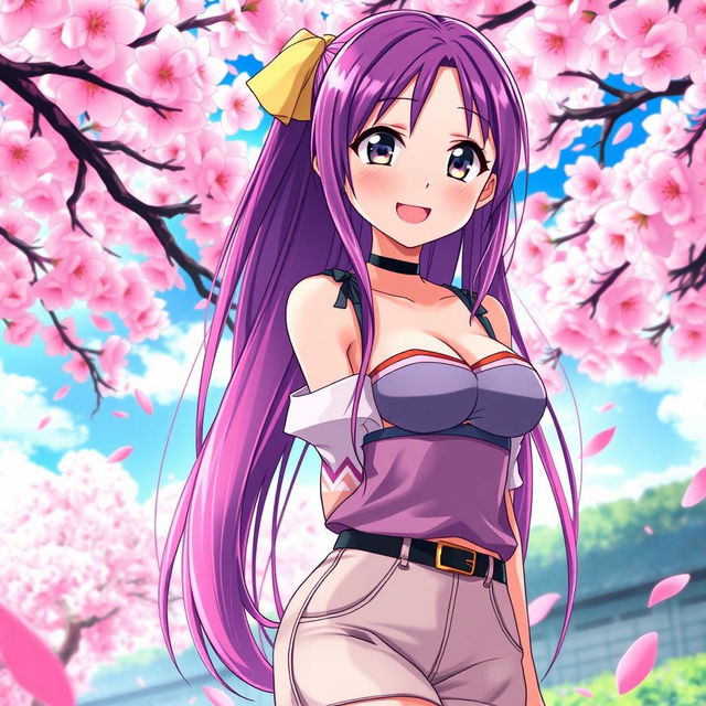 An anime scene depicting an attractive teenage girl with large breasts, dressed in a stylish and colorful outfit, set against a vibrant and dreamy background