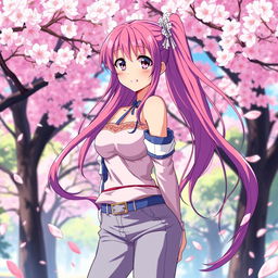 An anime scene depicting an attractive teenage girl with large breasts, dressed in a stylish and colorful outfit, set against a vibrant and dreamy background