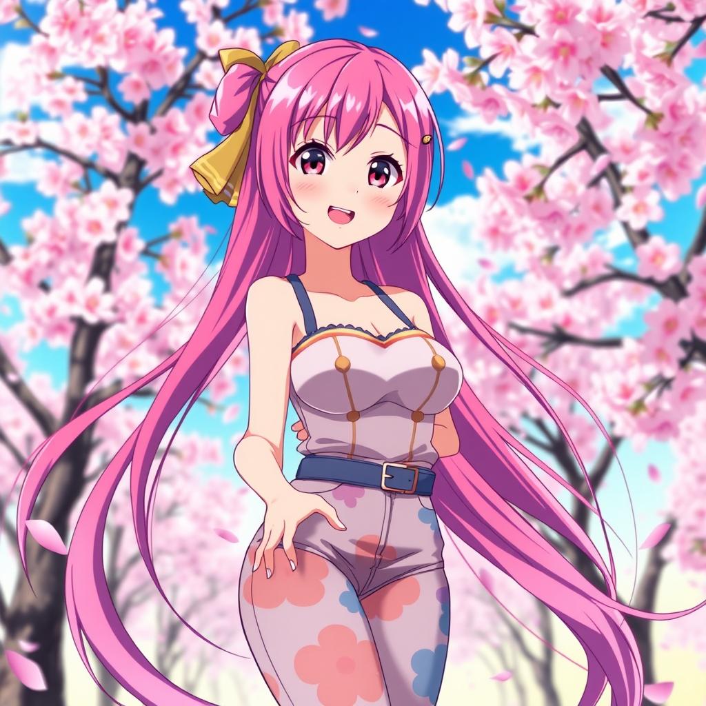 An anime scene depicting an attractive teenage girl with large breasts, dressed in a stylish and colorful outfit, set against a vibrant and dreamy background