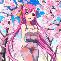 An anime scene depicting an attractive teenage girl with large breasts, dressed in a stylish and colorful outfit, set against a vibrant and dreamy background