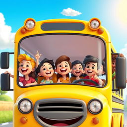 A vibrant and colorful 3D cartoon scene featuring a group of cheerful students riding on a classic yellow school bus