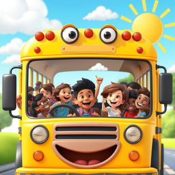 A vibrant and colorful 3D cartoon scene featuring a group of cheerful students riding on a classic yellow school bus