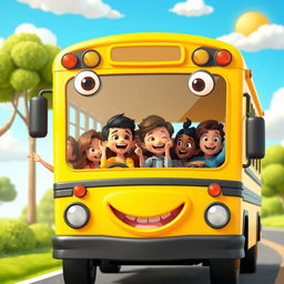 A vibrant and colorful 3D cartoon scene featuring a group of cheerful students riding on a classic yellow school bus