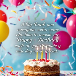 A beautiful birthday-themed image with a vibrant and joyful atmosphere, featuring a festive background of colorful balloons, confetti, and a delicious birthday cake with lit candles