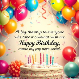 A beautiful birthday-themed image with a vibrant and joyful atmosphere, featuring a festive background of colorful balloons, confetti, and a delicious birthday cake with lit candles