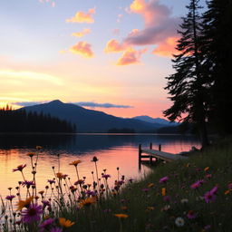 A serene sunset over a tranquil lake, with vibrant shades of orange, pink, and purple reflecting on the water's surface