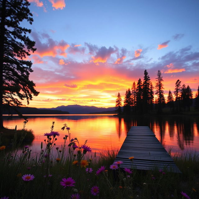 A serene sunset over a tranquil lake, with vibrant shades of orange, pink, and purple reflecting on the water's surface