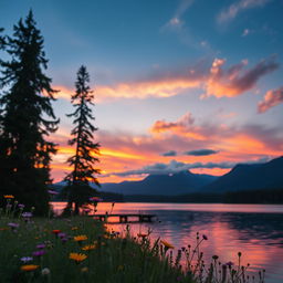 A serene sunset over a tranquil lake, with vibrant shades of orange, pink, and purple reflecting on the water's surface