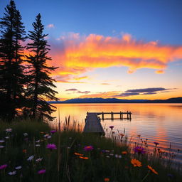 A serene sunset over a tranquil lake, with vibrant shades of orange, pink, and purple reflecting on the water's surface