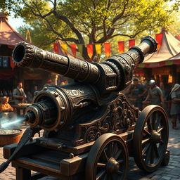 A fantastical medieval bazooka, intricately designed with ornate wood carvings, glowing runes, and metallic elements