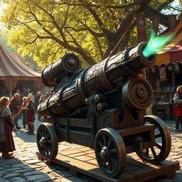 A fantastical medieval bazooka, intricately designed with ornate wood carvings, glowing runes, and metallic elements