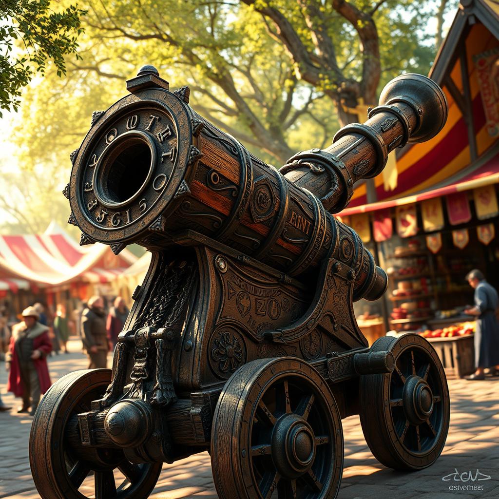 A fantastical medieval bazooka, intricately designed with ornate wood carvings, glowing runes, and metallic elements