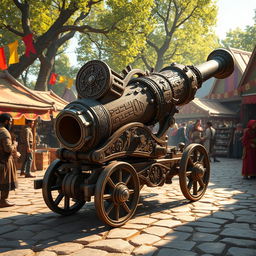 A fantastical medieval bazooka, intricately designed with ornate wood carvings, glowing runes, and metallic elements