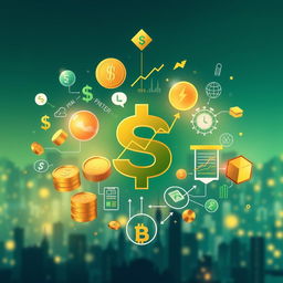 A visually striking and modern financial concept representation featuring various symbols of wealth and finance such as currencies (dollars, euros, yen), stock market graphs, and digital banking icons