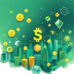A visually striking and modern financial concept representation featuring various symbols of wealth and finance such as currencies (dollars, euros, yen), stock market graphs, and digital banking icons