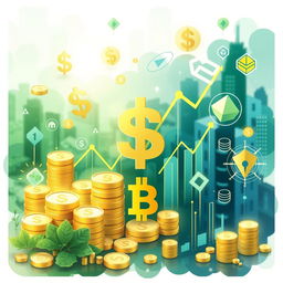 A visually striking and modern financial concept representation featuring various symbols of wealth and finance such as currencies (dollars, euros, yen), stock market graphs, and digital banking icons