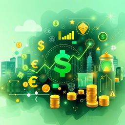 A visually striking and modern financial concept representation featuring various symbols of wealth and finance such as currencies (dollars, euros, yen), stock market graphs, and digital banking icons