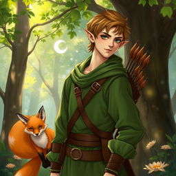 A male half-elf character in a magical forest setting, dressed in vibrant forest green clothing that resembles the style of the Harry Potter series