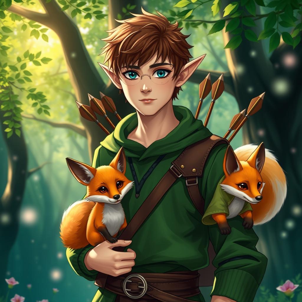 A male half-elf character in a magical forest setting, dressed in vibrant forest green clothing that resembles the style of the Harry Potter series