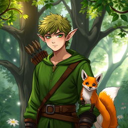 A male half-elf character in a magical forest setting, dressed in vibrant forest green clothing that resembles the style of the Harry Potter series